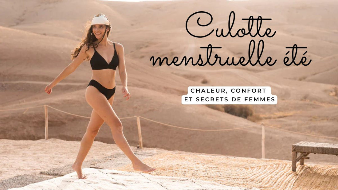 Femme souriante en culotte menstruelle noire dans un désert en été, illustrant le confort et la liberté pendant les règles.