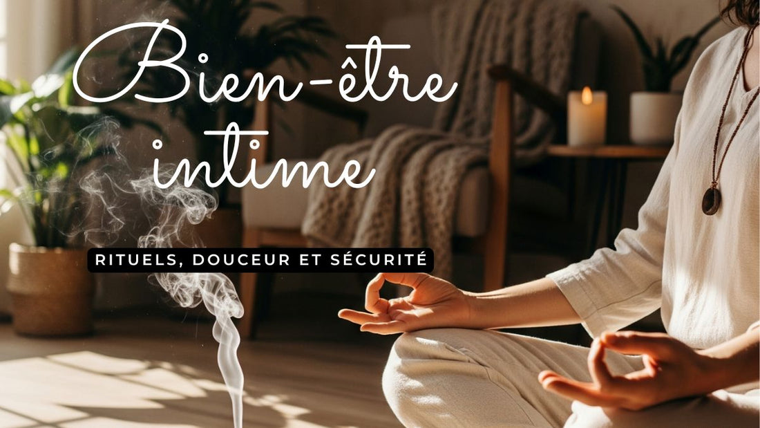 Femme en méditation dans un espace cocooning avec encens, illustrant le bien-être intime et les rituels apaisants.