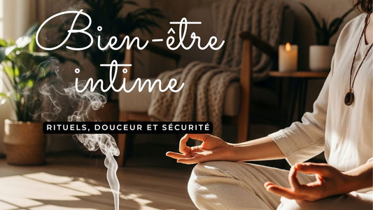 Femme en méditation dans un espace cocooning avec encens, illustrant le bien-être intime et les rituels apaisants.
