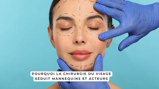 Femme avec tracés de chirurgie esthétique sur le visage, préparée pour une opération du visage comme un lifting ou une rhinoplastie.