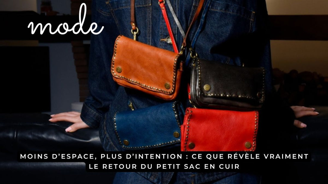Femme portant plusieurs petits sacs en cuir colorés lors d’une séance mode