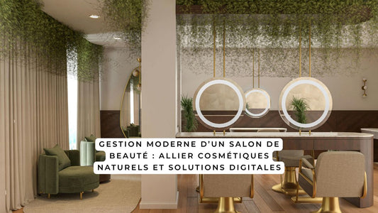 Intérieur moderne de salon de beauté combinant éléments naturels et outils digitaux